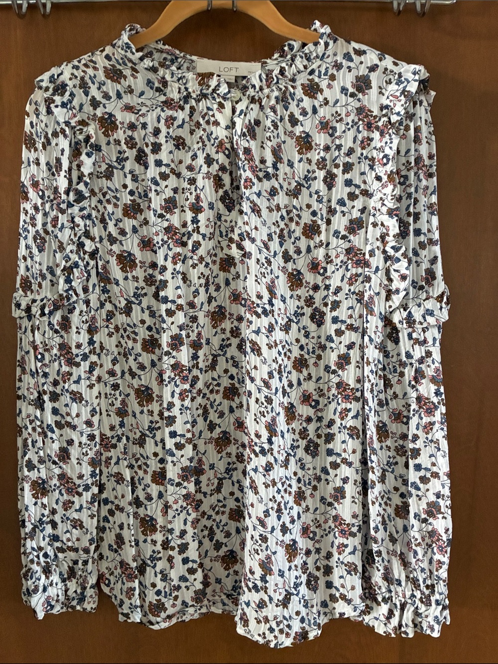 LOFT Cream Blouse with Blue and Brown Floral Print and Ruffle Detail, large pet